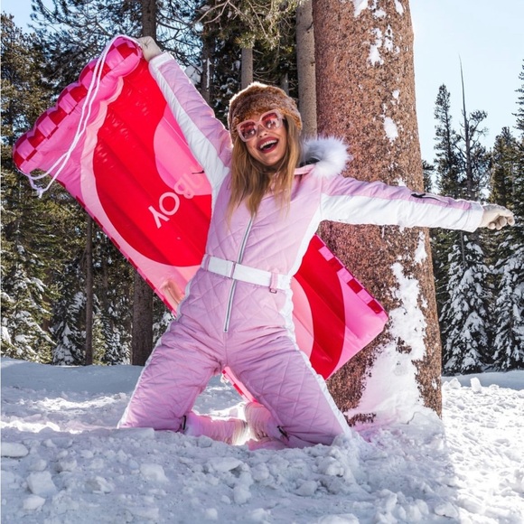 Tipsy Elves Snowsuit Ski Women Hood Pink Waterproof Ski Suit Faux Fur Medium NWT - Picture 2 of 4